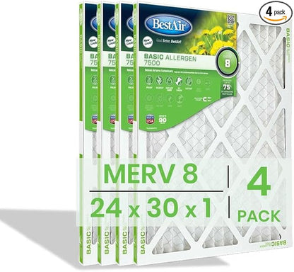 BestAir 24x30x1 Air Filter (4-Pack) | MERV 8 Basic Allergen 7500 HVAC AC Furnace Filter | Replacement Air Filter for Residential & Commercial Use | Made in USA | Actual Size (23.75 x 29.75 x 0.75)