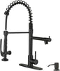 Fapully Commercial Pull Down Kitchen Sink Faucet with Sprayer Matte Black Single Handle Faucets for Kitchen Sink, Kitchen Faucet with Soap Dispenser and Deck Plack for 4 Hole