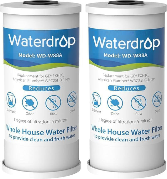 Waterdrop FXHTC Whole House Carbon Water Filter, Replacement for GE® FXHTC, GXWH40L, GXWH35F, Culligan® RFC-BBSA, American Plumber W10-PR, W10-BC, WRC25HD, 10" x 4.5" Cartridge, 5 Micron, Pack of 2