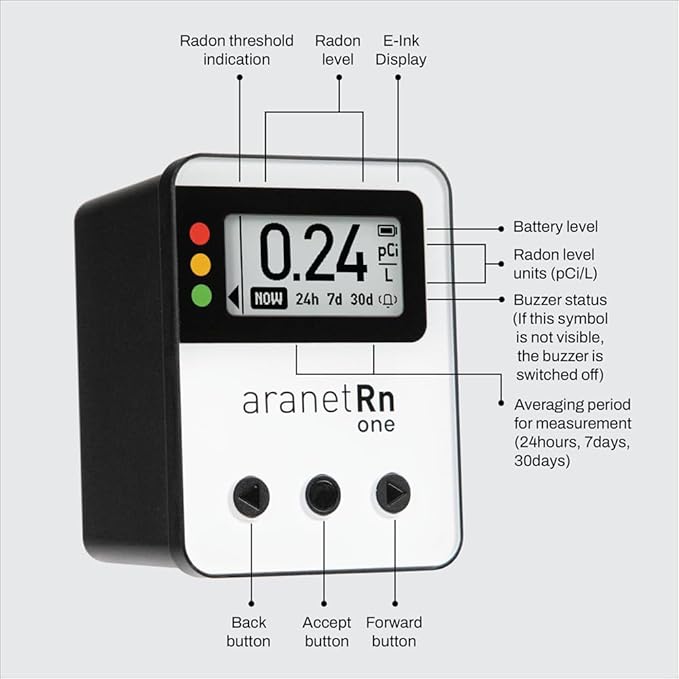 Radon One – Fast Home Radon Gas Detector with 10-Minute Response, E-Ink Display, Battery Powered, Portable Real-Time Radon Monitor for Basements & Indoor Air Monitoring (Red)