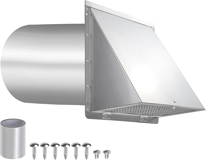 6 Inch Hooded Wall Vent with Screen and Damper,6 Inch Exhaust Vent Cover Cap for Outdoor Kitchen Range Hood Dryer Ventilation,Outside Wall Mount Extractor for House Air Exhaust, Stainless Steel