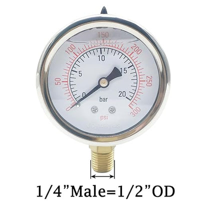 Joywayus Pressure Gauge 0-300 PSI Brass 1/4" NPT Male Thread Lower Mount, Glycerin Filled, Stainless Steel Case, Multiple Function