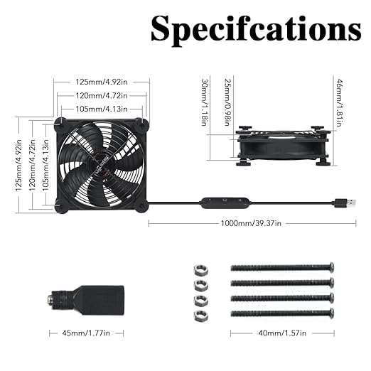 Quiet 120mm USB 5V/12V DC Fan - IPX5 Waterproof, 10 Speed, Portable Cooling Fan for Tablet, TV, Receiver, Router, DVR, Xbox, Greenhouse, Kennel, Computer Cabinet & Component Cooling