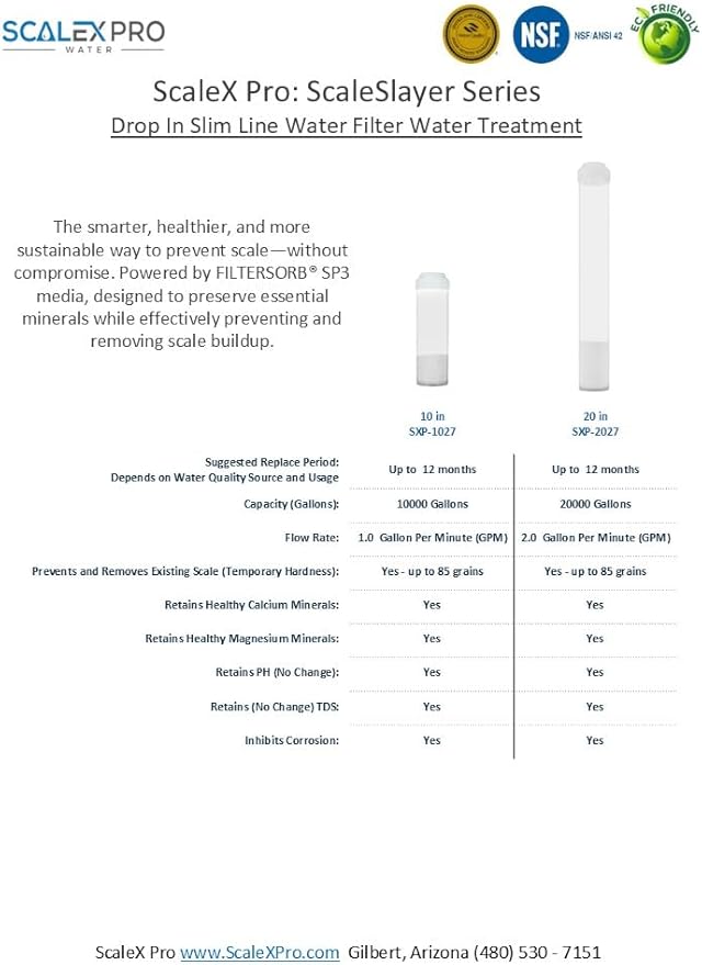 ScaleSlayer 10in Slim Line Drop In, High Capacity (up to 10,000 gals) Water Filter Replacement, Prevents, Removes scale buildup, Fits Traditional 10in Drop In Slim Line Systems (SXP-1027)