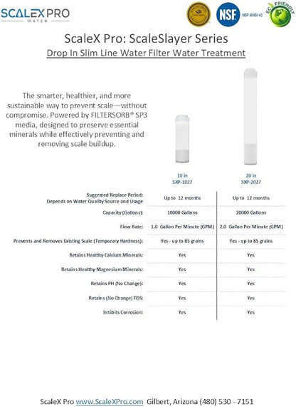 ScaleSlayer 10in Slim Line Drop In, High Capacity (up to 10,000 gals) Water Filter Replacement, Prevents, Removes scale buildup, Fits Traditional 10in Drop In Slim Line Systems (SXP-1027)