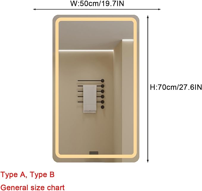 Bathroom Mirror with LED Lights，Bathroom Led Mirror ，Backlit Bathroom Mirror ，LED Mirror for Bathroom，with Touch Sensor/Demister pad，Shatterproof，Adjustable Lights(B,W50*H70cm/W19.7*H27.6IN)