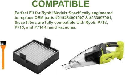 A32VC04 filter compatible with Ryobi handheld vacuum filter holder assembly, suitable for P712, P713, P714K, replacement for 019484001007, 533907001 (4 pieces + 1 brush)