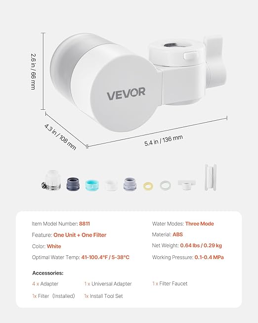 VEVOR Faucet Mount Water Filter, Horizontal Water Purifier for Sink Tap, Carbon Fiber Filters, Removes Chlorine Lead with 1 Filter, Fits Most Kitchen or Bathroom Faucets, White