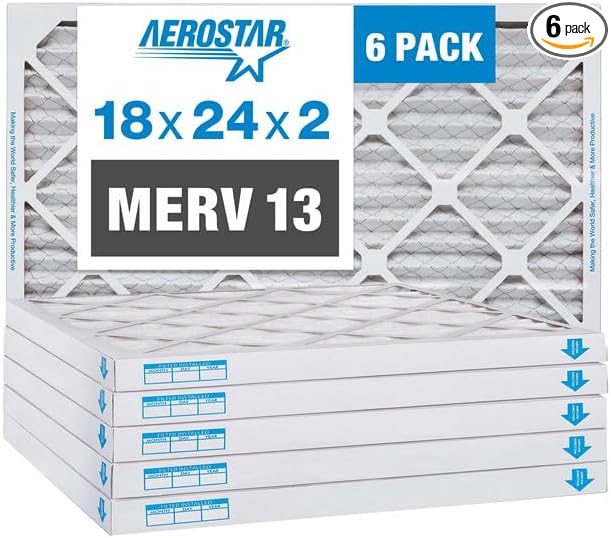 Aerostar 18x24x2 Air Filter MERV 13 (Removes Viruses, Bacteria, Mold, Pollen, Dander, Dust, Smoke & Germs) - Electrostatic MPR 1500-1900 & FPR 10 - Pleated HVAC AC Furnace Air Filters - Pack of 6