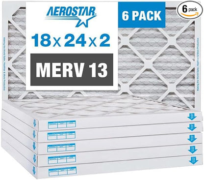 Aerostar 18x24x2 Air Filter MERV 13 (Removes Viruses, Bacteria, Mold, Pollen, Dander, Dust, Smoke & Germs) - Electrostatic MPR 1500-1900 & FPR 10 - Pleated HVAC AC Furnace Air Filters - Pack of 6