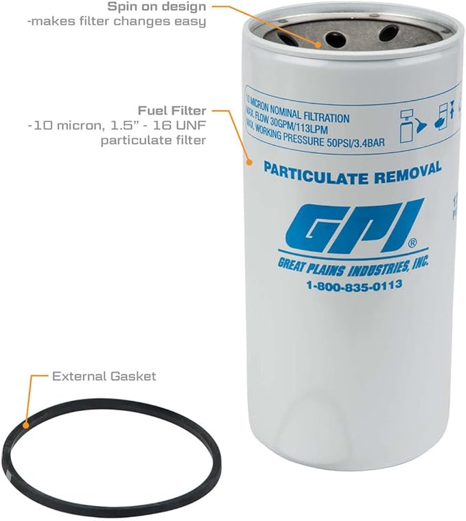 GPI P-30-10-1.5 Particulate Fuel Filter for use with Fuel Transfer Pumps up to 30 GPM (113 LPM), 10 Micron, 1.5-16 UNF Thread (GPI Genuine Accessory 129320-01)