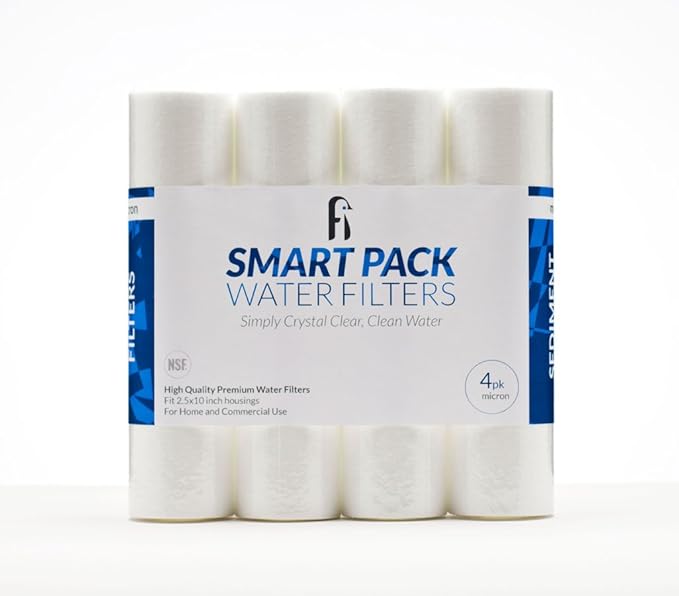 Smart Pack 1 Micron NSF Sediment Water Filter For RO, DI, Whole House, Ice Machine - Universal Size 2.5" x 10", 4 Pack