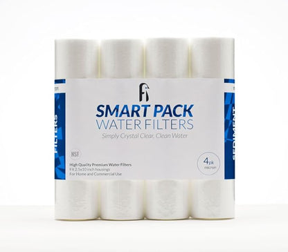 Smart Pack 1 Micron NSF Sediment Water Filter For RO, DI, Whole House, Ice Machine - Universal Size 2.5" x 10", 4 Pack