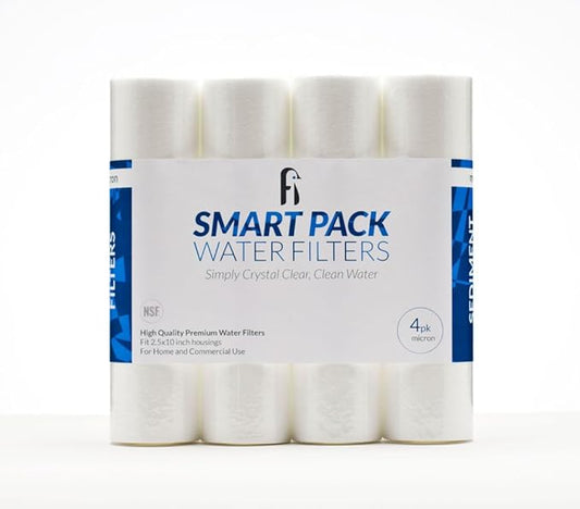 Smart Pack 1 Micron NSF Sediment Water Filter For RO, DI, Whole House, Ice Machine - Universal Size 2.5" x 10", 4 Pack