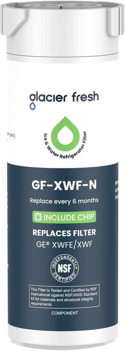 GLACIER FRESH Water Filter Compatible with XWFE (Built-in CHIP), Replacement for GE XWFE, XWF Refrigerator Water Filter NSF/ANSI 42 Certification Pack of 1