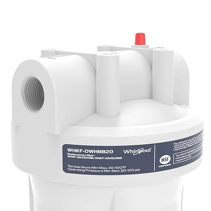 Whirlpool 20" x 4.5" Whole House Water Filter Housing, NSF Certified System for Sediment Carbon Filter, Home Pre-Filtration for Well and City Water, 1" Port with Pressure Relief, Filter Not Included