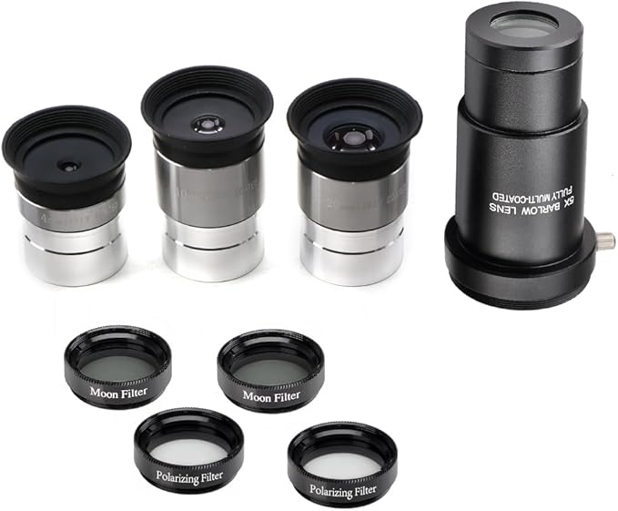 Complete Telescope Eyepiece Set - Multi-Coated Optics - 1.25 inch Eyepiece Set with 4mm, 10mm, 20mm Lenses, 5X Barlow Lens, 2 Moon Filters, 2 Polarizing Filters