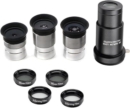 Complete Telescope Eyepiece Set - Multi-Coated Optics - 1.25 inch Eyepiece Set with 4mm, 10mm, 20mm Lenses, 5X Barlow Lens, 2 Moon Filters, 2 Polarizing Filters
