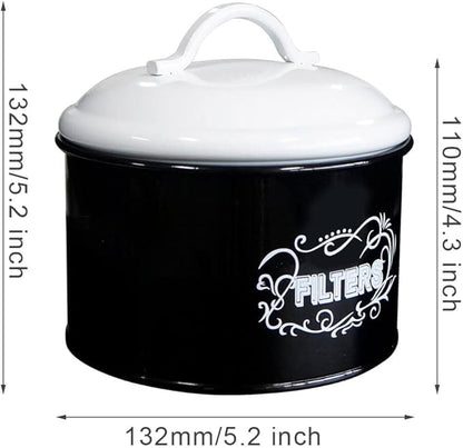 SOTECH Coffee Filter Holder Storage Metal Box Black Container Organizer Round Dispenser for Counter and Room Decor Coffee Bar Accessories