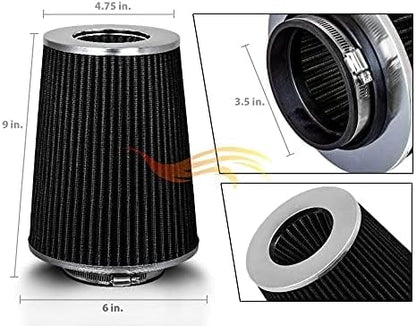 BLACK 3.5" 89 mm Inlet Truck Air Cone Replacement Performance Washable Clamp-On Dry Air Filter (8" Tall)