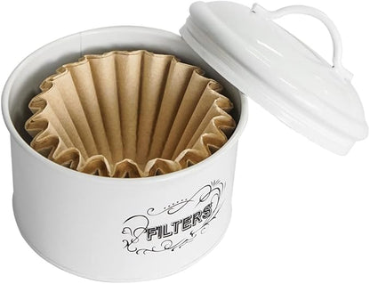 SOTECH Coffee Filter Holder Storage,White Basket Enamel Filter Jar Container in Rustic Farmhouse Distressed Enamelware Design Round for Counter(Metal Coffee Filter Jar)