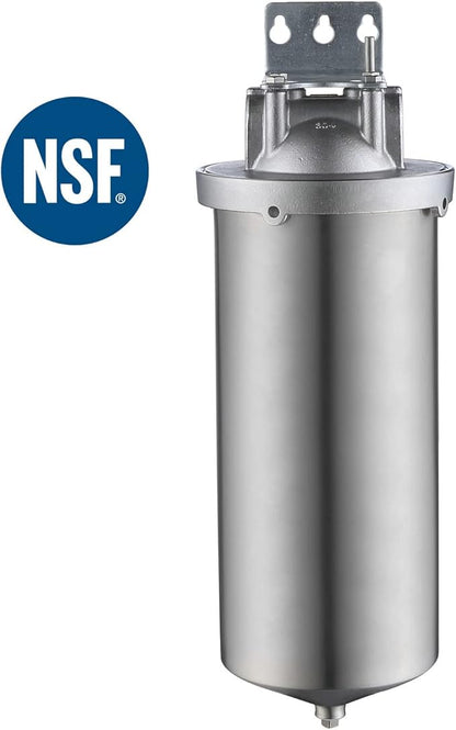 Amwater NSF/ANSI 42 Certification Jumbo Stainless Steel Filter Housing for 10”Length,4.5"OD Filter Cartridge, 1NPT Inlet and Outlet, Drain Valve Style C (Square Head)