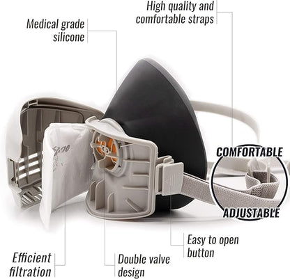 Reusable Respirator Mask with 7 Filters – Half Mask Respirator for Woodworking, Welding, Polishing Painting and Work Protection – Comfortable Quick-Release Headband and Dual Filtration