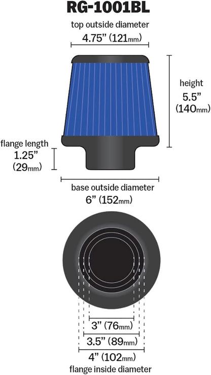K&N High-Flow Original Lifetime Universal Clamp-On Air Filter: Performance, Premium, Washable: Flange Diameter: 4 In, Filter Height: 5.5 In, Flange Length: 1.125 In, Shape: Round Tapered, RG-1001BL
