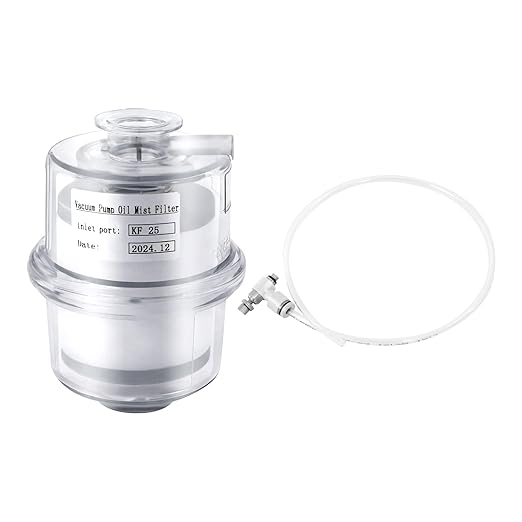 KF25 Oil Mist Filter, Vacuum Pump Exhaust Oil Mist Filter with 15.75 in Oil Drain Pipe, Oil Removal Up to 95%, Built-in Glass Fiber Filter Material, Vacuum Pump Filter for Industrial Production