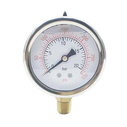 Joywayus Pressure Gauge 0-300 PSI Brass 1/4" NPT Male Thread Lower Mount, Glycerin Filled, Stainless Steel Case, Multiple Function