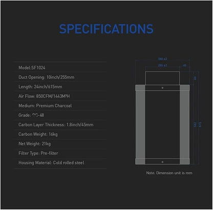 10 * 24 Hydroponic Carbon Air Filter/hydroponic 10 Inch 24 Inch Length Carbon air Filter RC48