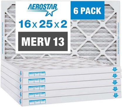 Aerostar 16x25x2 MERV 13-6 Count - Pleated Furnace & Air Conditioner Filters - Removes Bacteria, Dust, Cold & Flu Germs, Lint, Mold, Pet Dander, Allergy-Causing Pollen, Smog, Smoke & Viruses