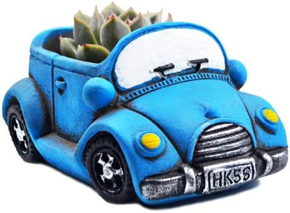 Blue Planter, Cute Succulent Pots, Small Plant Pots with Drainage Hole (Blue Car)