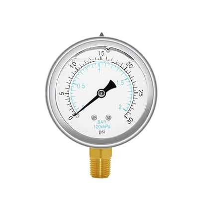 Joywayus Pressure Gauge 0-30 PSI Brass 1/4" NPT Male Thread Lower Mount, Glycerin Filled, Stainless Steel Case, Multiple Function
