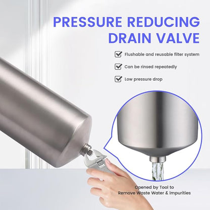 Amwater NSF/ANSI 42 Certification Stainless Steel Filter Housing for 10" Filter Cartridge, 3/4NPT Water Filter Housing, Drain Valve Style C (Square Head)