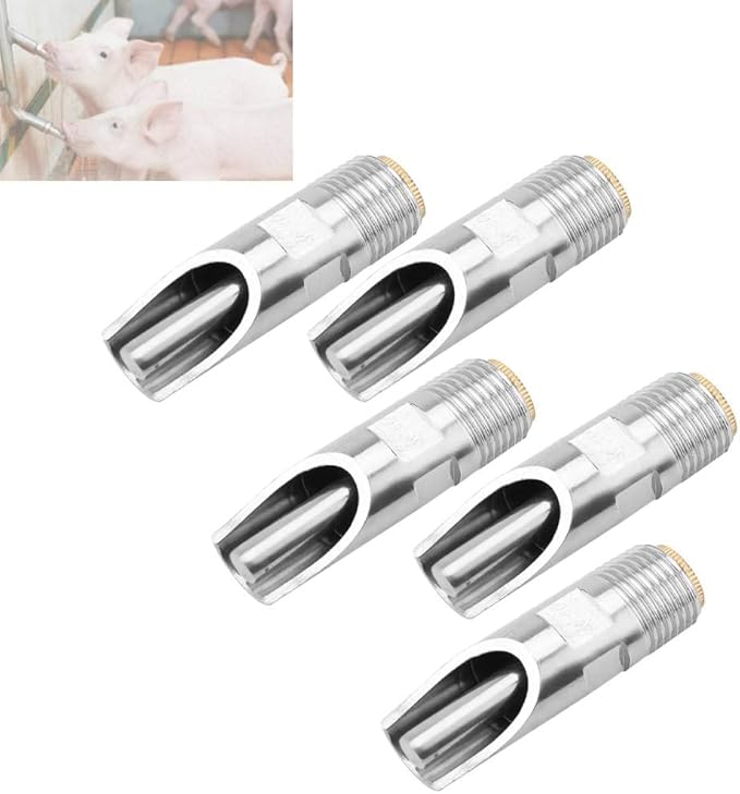 Automatic Pig Drinkers, 5 Pieces Thread Stainless Steel Automatic Pig Nipple Fountains Waterers with Copper Hat Duck Nozzle for Sows Piglets Drinking Water