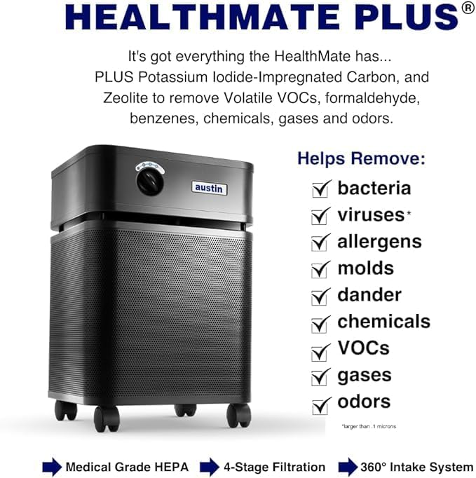 Austin Air HealthMate Plus Standard Air Purifier Midnight Blue - Advanced 4- Stage Filtration Air Purifiers For Home with Activated Carbon & Zeolite - Ideal as Air Purifiers for Bedroom Model B450