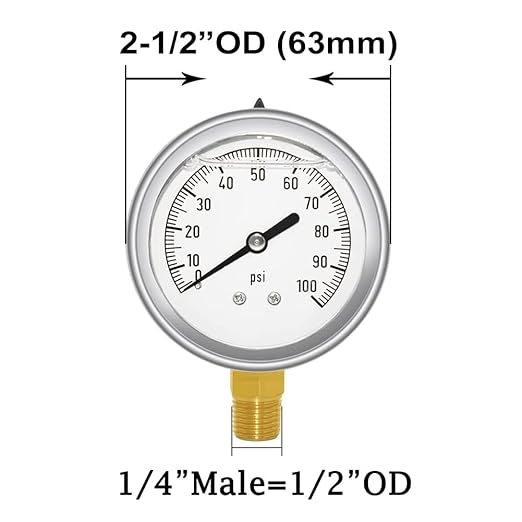 Joywayus Pressure Gauge 0-100 PSI Brass 1/4" NPT Male Thread Lower Mount, Glycerin Filled, Stainless Steel Case, Multiple Function