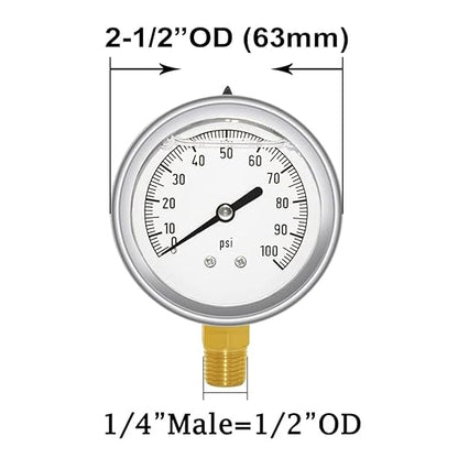 Joywayus Pressure Gauge 0-100 PSI Brass 1/4" NPT Male Thread Lower Mount, Glycerin Filled, Stainless Steel Case, Multiple Function