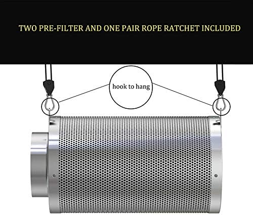 4inch Carbon Filter Odor Control with Australia Virgin Charcoal Two Prefilter 1 Pair Rope Hanger Included for Inline Duct Fan, Grow Tent, Hydroponics, Odor Scrubber