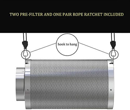 4inch Carbon Filter Odor Control with Australia Virgin Charcoal Two Prefilter 1 Pair Rope Hanger Included for Inline Duct Fan, Grow Tent, Hydroponics, Odor Scrubber