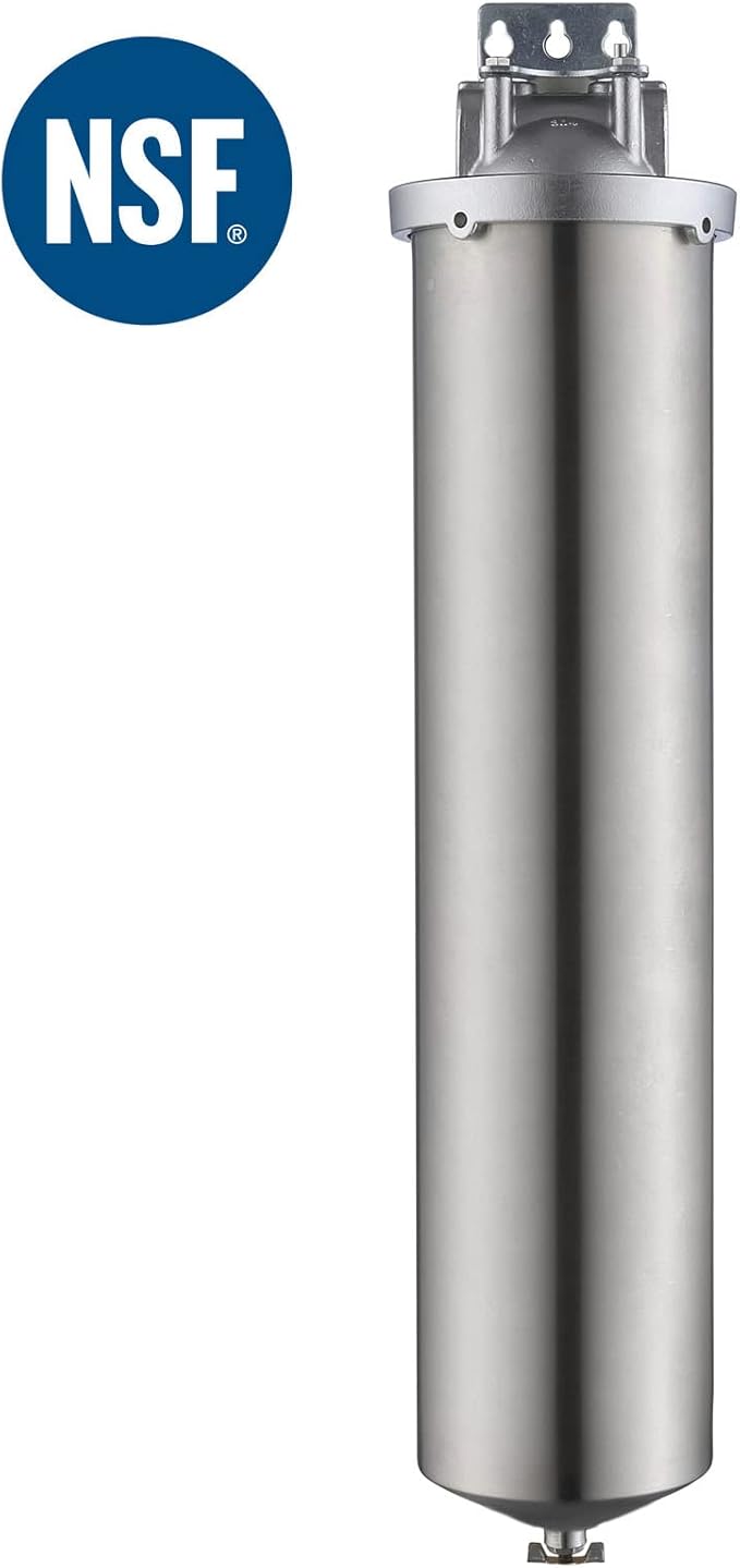 Amwater NSF/ANSI 42 Certi Stainless Steel Jumbo Size Filter Housing for 20" Filter Cartridge, 1" NPT Water Filter Housing, Drain Valve Style C (Square Head)