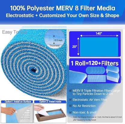 Air Vent Filters,20"x140"Cut to Fit Air Filter Material (120+Filters),MERV 8 Electrostatic Vent Filter for Home Floor Registers,RVand Wall HVAC Furnace,With 48PCs Adhesive Hook Tape