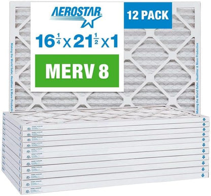 Aerostar 16 1/4x21 1/2x1 MERV 8 Pleated Air Filter, AC Furnace Air Filter, 12 Pack (Actual Size: 16 3/8" x 21 1/2" x 3/4")