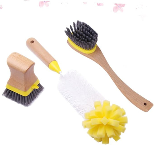 Natural Wood Handle Sponge Scrubber Tile Scrubber Brush Cleaner Kitchen Cleaning Tools Safe Odorless