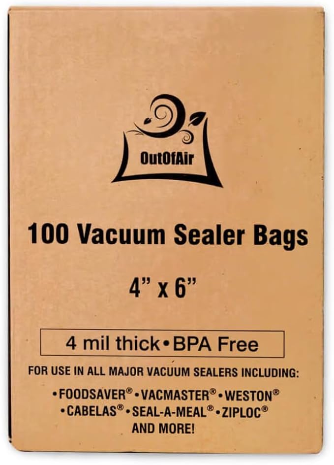 OutOfAir 100 Vacuum Sealer Bags: 4" x 6" Pre Cut Bags - Works with FoodSaver & Other Machines - 33% Thicker BPA Free, 4 Mil Commercial Grade, 4 x 6 inches