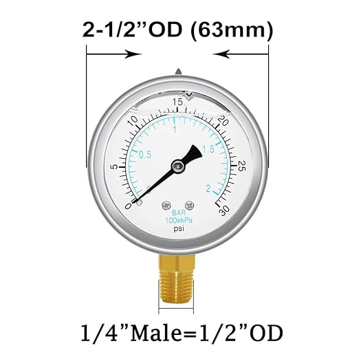 Joywayus Pressure Gauge 0-30 PSI Brass 1/4" NPT Male Thread Lower Mount, Glycerin Filled, Stainless Steel Case, Multiple Function