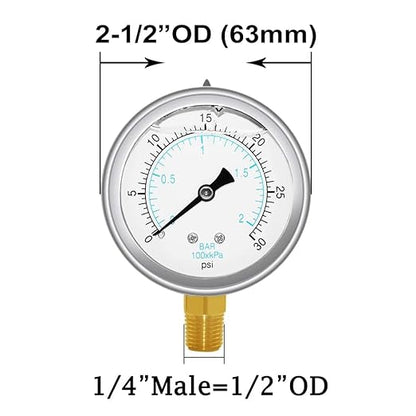 Joywayus Pressure Gauge 0-30 PSI Brass 1/4" NPT Male Thread Lower Mount, Glycerin Filled, Stainless Steel Case, Multiple Function
