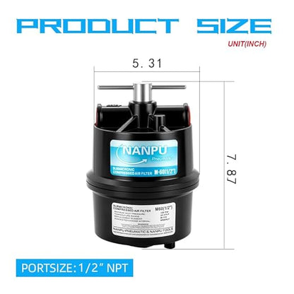 NANPU 1/2" NPT Sub-Micronic Compressed Air Filter Kit – 0.01 Micron Filtration for Spray Guns, Air Tools & CNC – Industrial Moisture & Oil Removal, 100 CFM