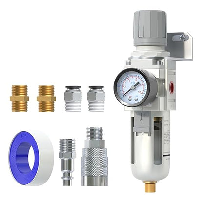 AIRZOE 3/8" NPT Air Filter Regulator Combo Piggyback,5 Micron Brass Element, Semi-Auto Drain,Air Pressure Regulator AW3000-03,0-145 psi Gauge
